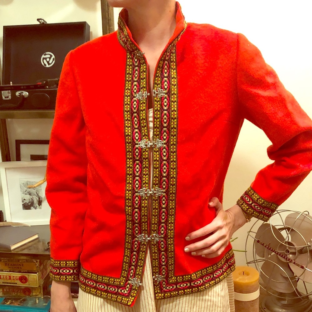 Red wool vintage jacket with embroidery